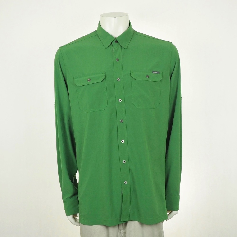 Eddie Bauer Travex Button Down Shirt Mens TL LT Green Outdoor Hiking Tech Camp
